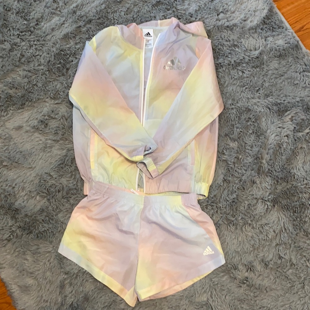 Adidas 2 piece windbreaker shorts set.